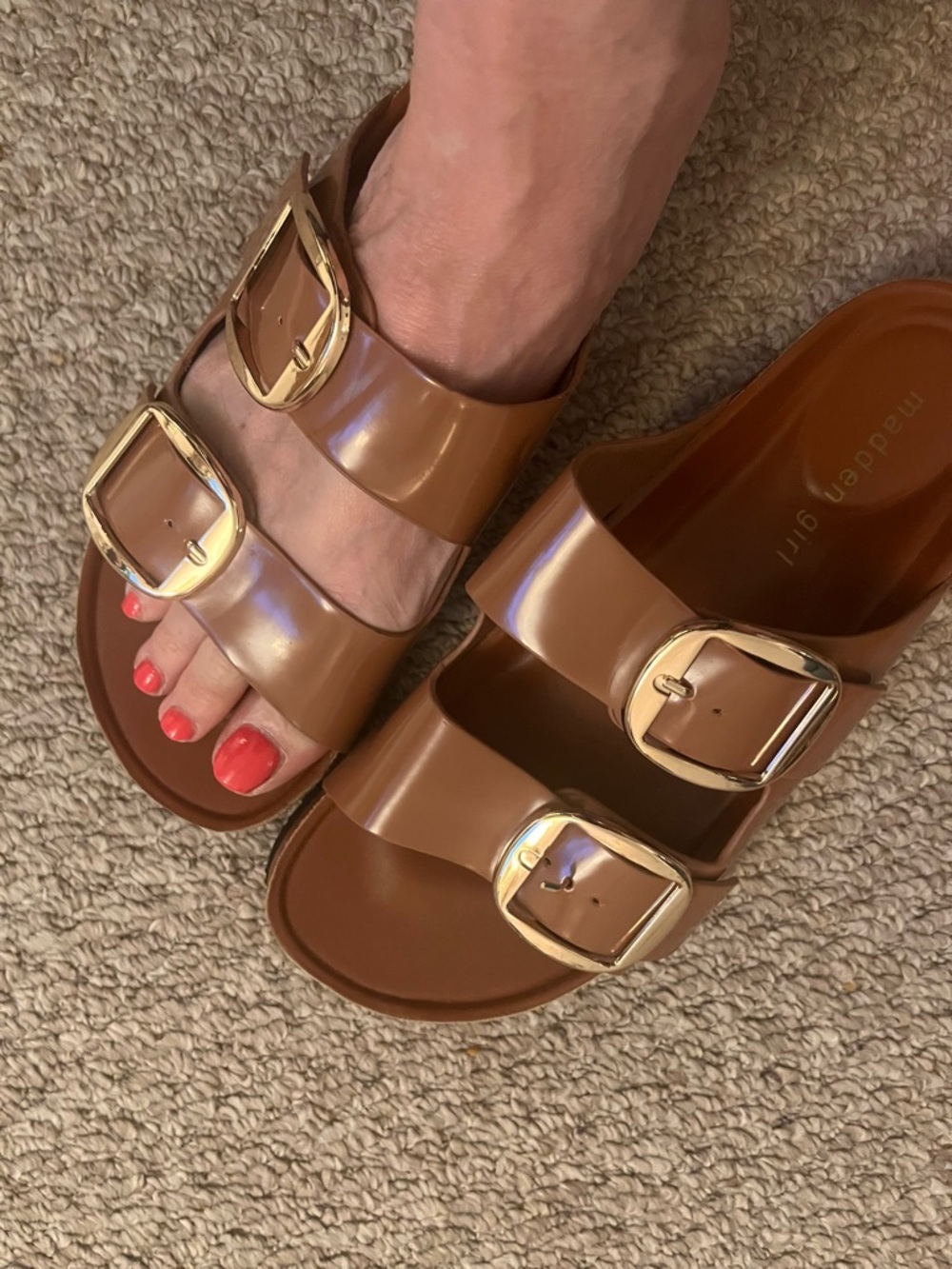 Madden Girl Tan Double-Buckle Slide Sandals with Gold Hardware
